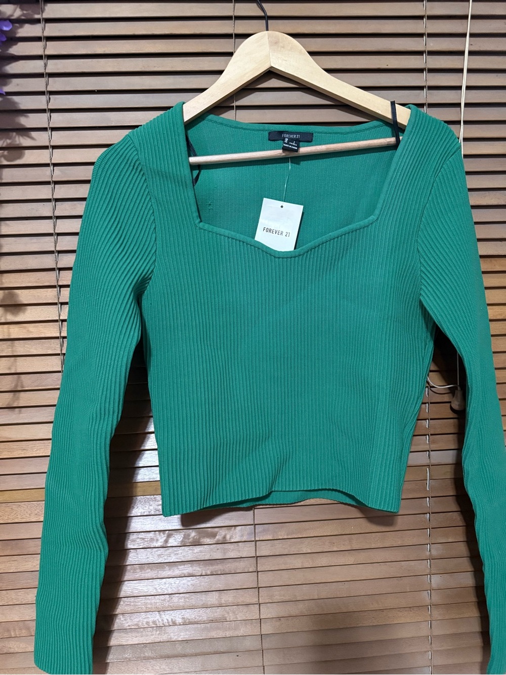 Forever 21 Emerald Ribbed Square-Neck Long Sleeve Top